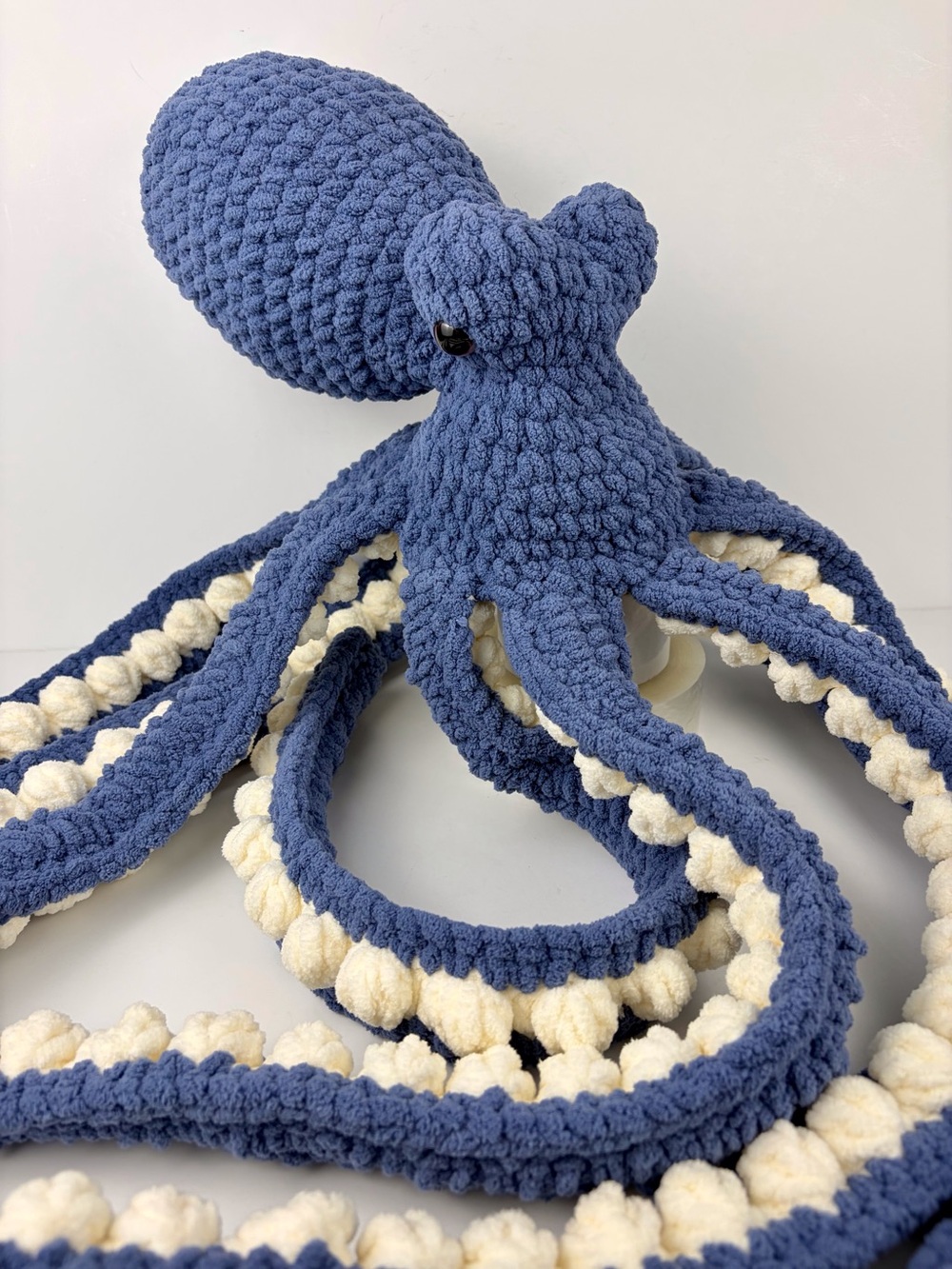Handmade Crochet Large Octopus Plush 28 inch Blue and White Blanket Yarn
